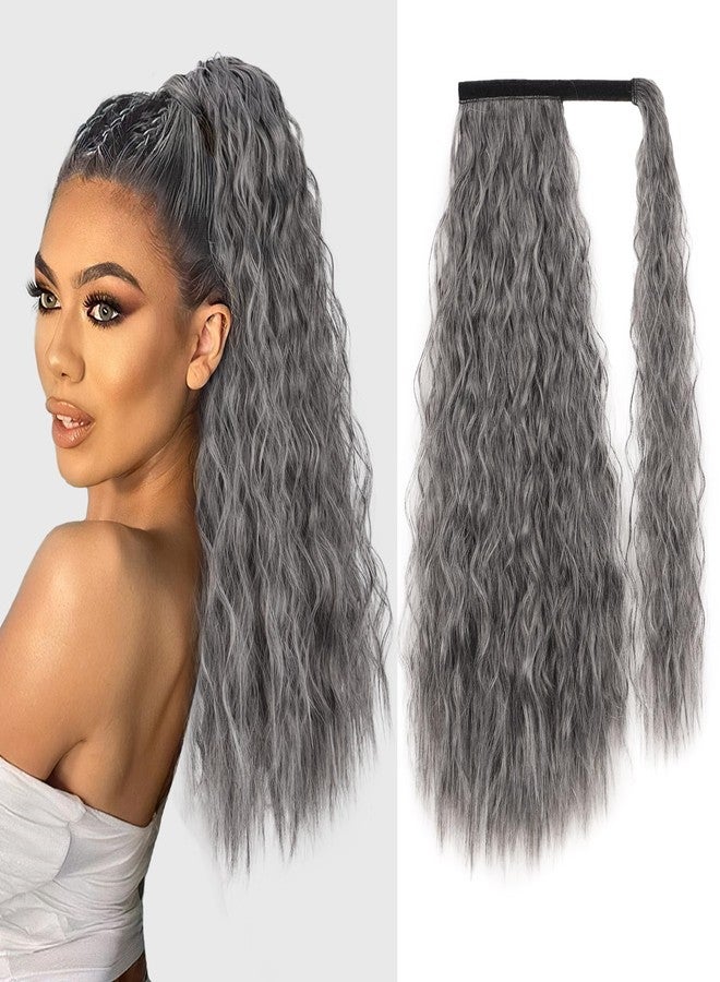 Stamped Glorious Long Corn Wave Ponytail Extension Magic Paste Heat Resistant Wavy Synthetic Wrap Around Ponytail Hairpiece for Black Women (22 Inch, 22 Inch-Grey) - Image 1